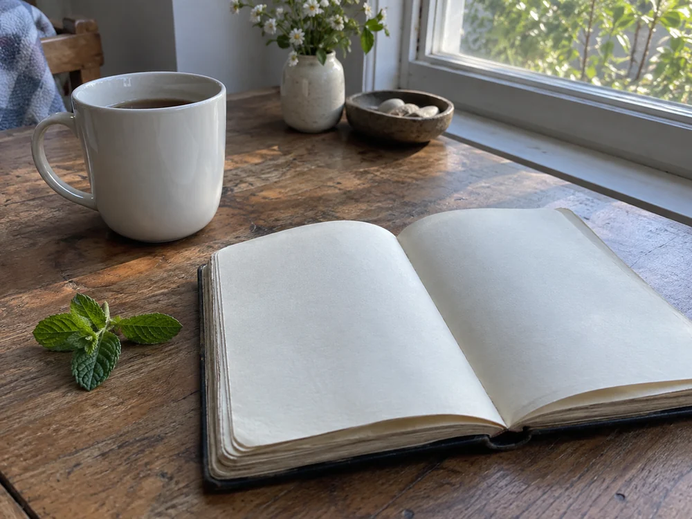 White cup, notebook and mint by a window